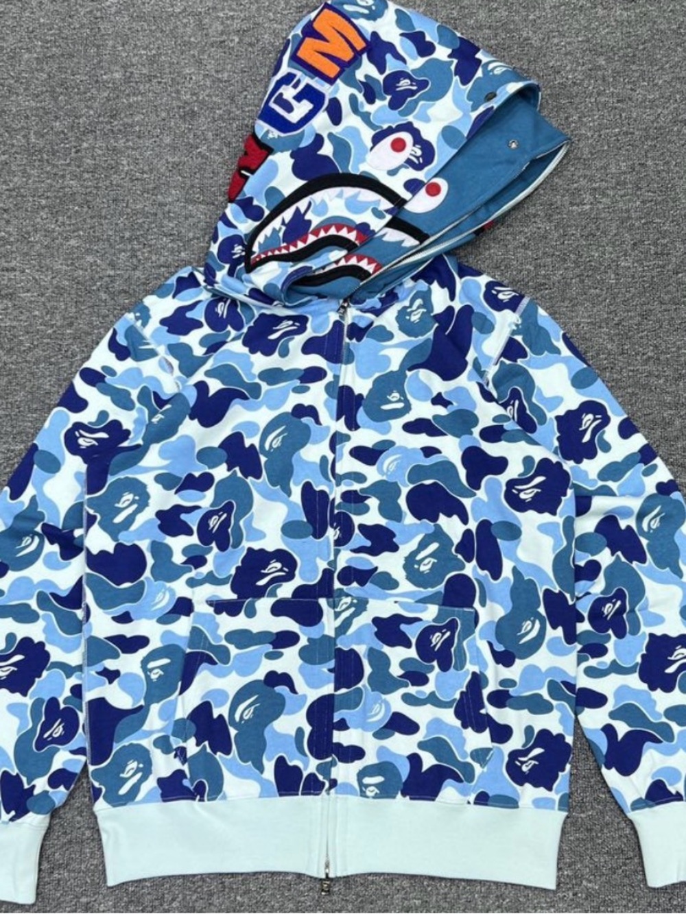 Blue BAPE Camo Zip-Up Hoodie - Shark Face Graphic